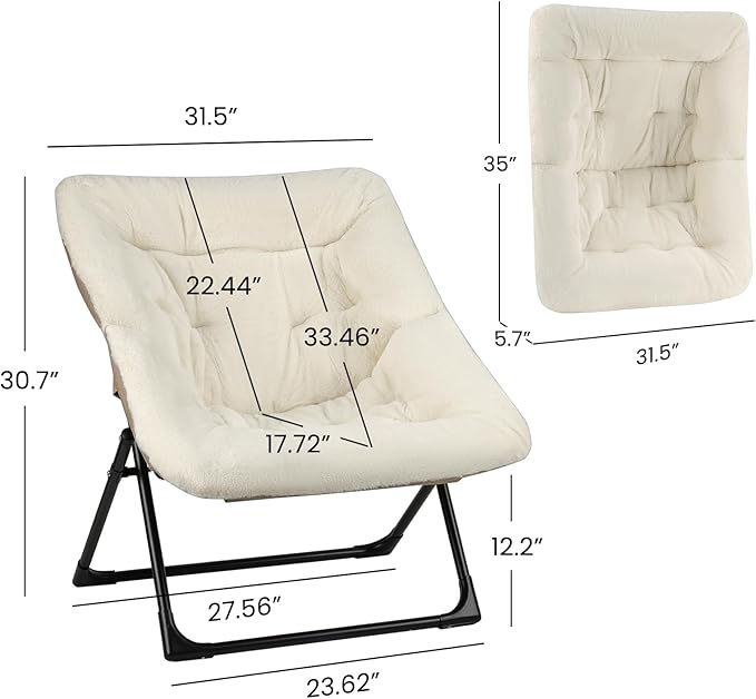 Comfy Saucer Chair for Adults, Soft Faux Fur Bedroom Chair, Accent Dorm Chairs, Flexible Living Room Reading Chairs, Oversized Folding Seat for Teens, X-Large, Beige