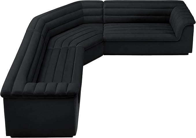 Meridian Furniture 194Black-Sectional Cascade Collection Modern | Contemporary Modular Sectional with Soft Black Velvet Fabric, Deep Channel Tufting, Curved Arms, 148" W x 80" D x 28" H, Black