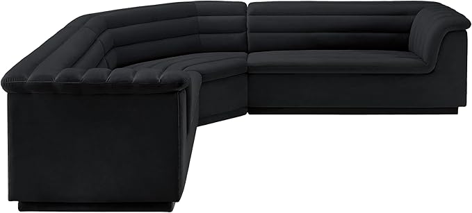 Meridian Furniture 194Black-Sectional Cascade Collection Modern | Contemporary Modular Sectional with Soft Black Velvet Fabric, Deep Channel Tufting, Curved Arms, 148" W x 80" D x 28" H, Black