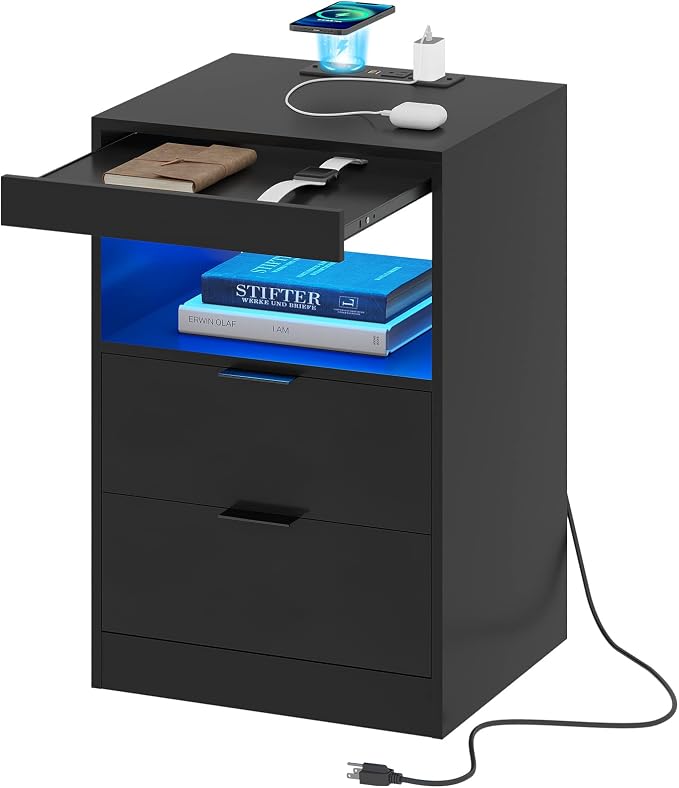 Tiptiper Black Nightstand with Wireless Charging Station and LED Lights, Bedside Table with 2 Drawers, Open Storage, 1 Pull-Out Tray, End Side Table with Charging Station, LED Night Stand with Storage by Tiptiper