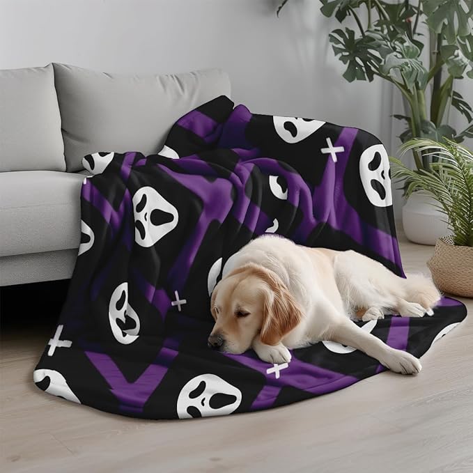 Halloween Spooky Face Blanket, Purple and Black, Soft Ghost Throw for Travel, Office, Home (40" x 30")
