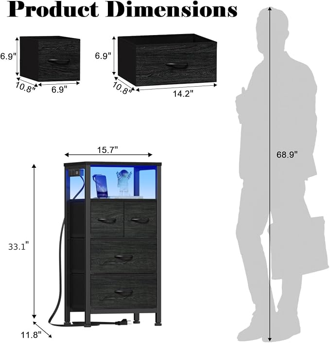 Furnulem Tall Night Stand with Charging Station and Led Light, Small Dresser with Open Shelf and 4 Storage Drawers, Black Side Table Fabric Nightstand for Bedroom, Entryway, Bedside Furniture | and Led Light, Open Shelf, 4 Storage Drawers, for Bedroom,... - Image 3
