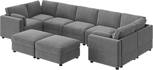 GarveeHome 172" Modular Sectional Sofa, 9 Seater Sectional Couch, U Shaped Sofa with Ottoman, Oversized Convertible Modular Couch for Living Room Apartment Office, Chenille Grey