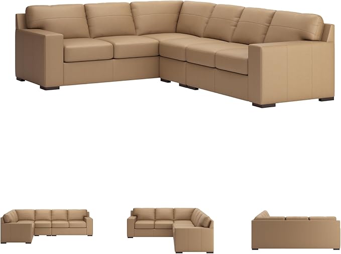 Signature Design by Ashley Bandon Modern Leather Match Left-Arm Facing 3-Piece Sectional with Removable Cushions and Armrest, Light Brown