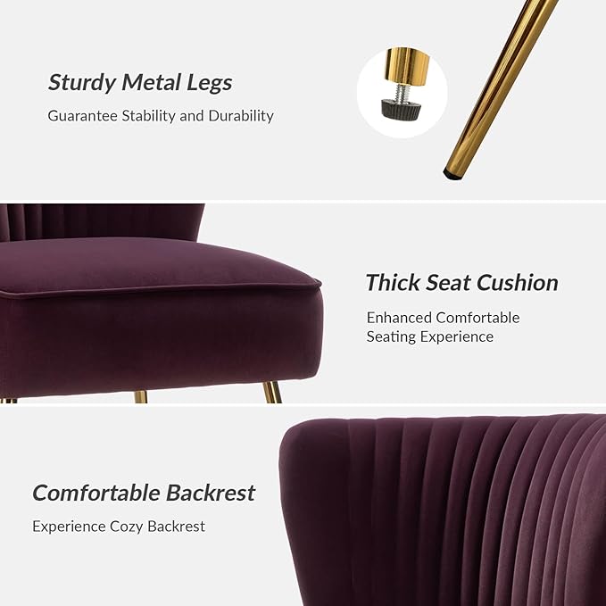 HULALA Home Velvet Accent Chair Set of 2, Modern Armless Upholstered Side Chair with Glam Gold Metal Legs for Vanity Living Room Bedroom - Purple