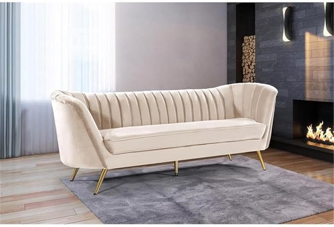Meridian Furniture Margo Collection Modern | Contemporary Velvet Upholstered Sofa with Deep Channel Tufting and Rich Gold Stainless Steel Legs, Cream, 88" W x 30" D x 33" H