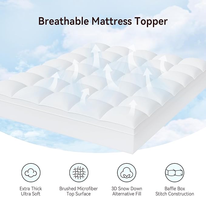ABENE Full XL Size Mattress Topper for Back Pain Relief, Extra Thick Mattress Pad Pillowtop, Soft Plush Mattress Cover Bed Topper with Deep Pocket, Overfilled Down Alternative Filling, White