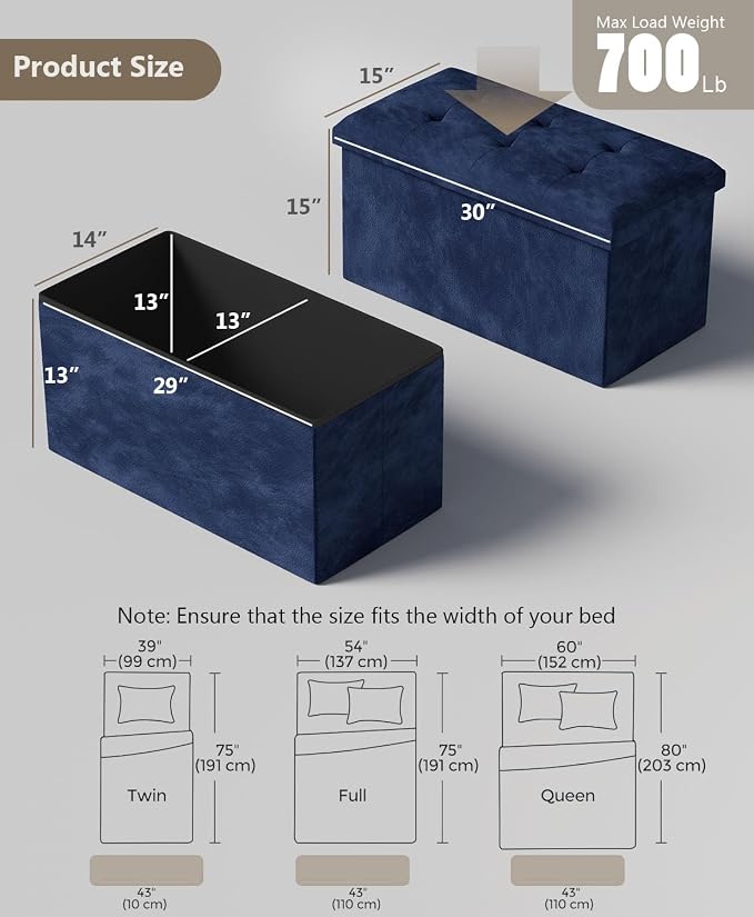 OS MOTOR Folding Storage Ottoman Bench, Multi-Functional Ottoman Foot Rest, End of Bed Bench, Storage Chest for Living Room, Bedroom, Hallway, Entryway, Holds Up to 600 lbs (Navy Blue, 30 Inches) - Image 3