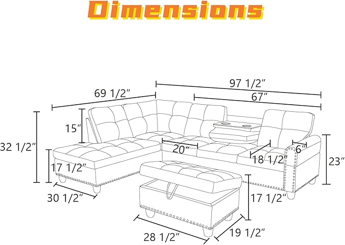 FONTOI L Shaped Sectional Couch with Otttoman, 97" Leather Sectional Sofa for Living Room Modular Couches with Cup Holders for Bedroom, Apartments, Grey
