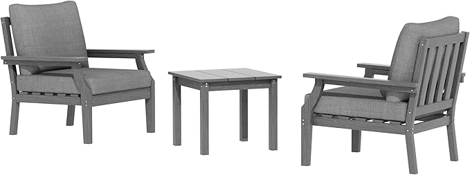 HDPE Patio Conversation Set, 3-Piece All Weather Outdoor Furniture Set with 2 Single Sofas for Deck, Lawn, with Cushion, Gray