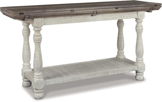 Signature Design by Ashley Havalance Farmhouse Sofa Table, Flip Top Design for Additional Dining Space and Fixed Lower Shelf, Gray & White with Weathered Finish