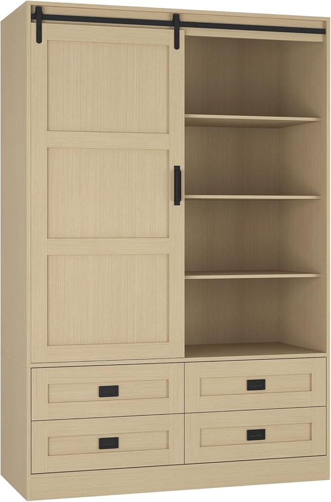 Wardrobe Closet with Sliding Barn Door, Tall Wooden Bedroom Armoire Wardrobe Closet Storage Cabinet with 4 Drawers, Adjustable Shelves and Hanging Rod, Clothes Cabinet for Bedroom, Wood
