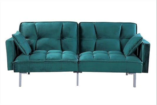 Regal 75.6" Velvet Convertible Sofa Bed - Mid-Century Sleeper Couch w/Tufted Design & Metal Legs - Pull-Out Futon for Guests/Home (75.6" W x 34.6" D x 32" H), Blue