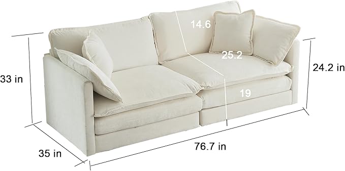 KEIKI Loveseat Sofa, Upholstered 2 Seater Couch with 1 Footrest, Oversized L-Shaped Sectional Sofa with Ottoman for Living Room Bedroom Office, White