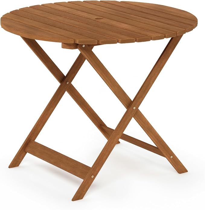Furinno TIOMAN Folding Patio Dining Table, 35-Inch Round Outdoor Wooden Table with Umbrella Hole, 2-4 Person Patio Table for Garden, Balcony, Porch, Light Wood - Image 5