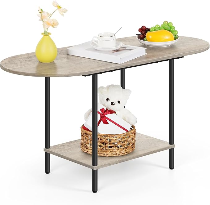 OYEAL Coffee Tables for Living Room 2-Tier Small Oval Table with Storage Shelf Mid Century Round Center Table for Display, Small Space,Home Office, Rustic Grey