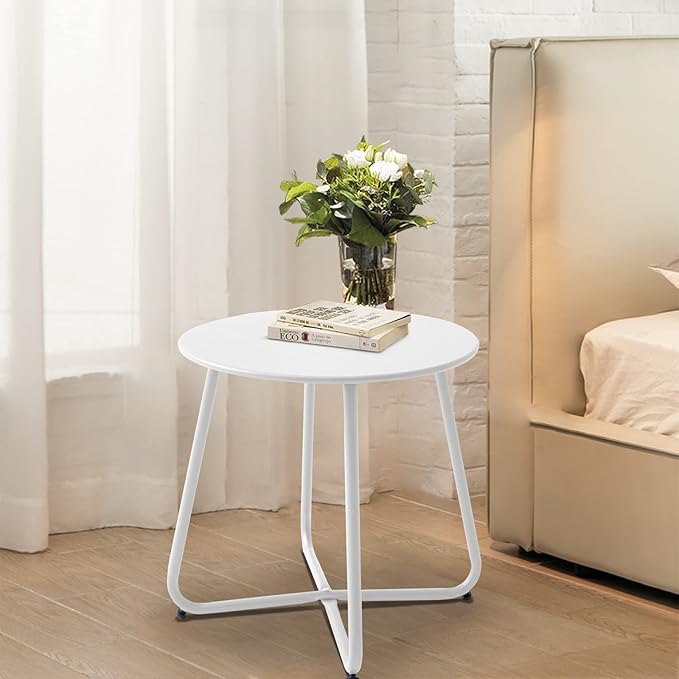 Meluvici Patio Outdoor Side Table Waterproof Round Metal Steel Small Side Table Weather Resistant Portable Outdoor and Indoor End Table for Garden Balcony Yard, White - Image 2