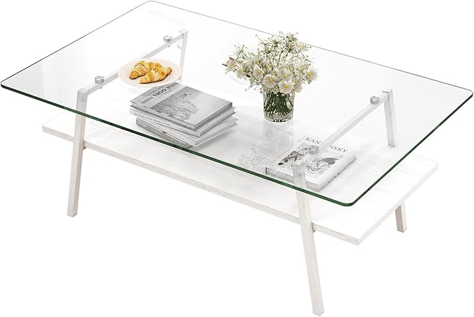IANIYA Glass Coffee Table for Living Room Small Gold Mid Century Coffee Table for Living Room with Wood Shelves (White Frame, Transparent Glass + White Wood)