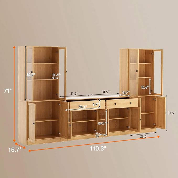 TUSY 71" TV Stand Storage Set - 2 Tall Bookcases & 2 Side Cabinets, Media Console with Glass & Wood Doors, Entertainment Center with Drawers, Tall Media Console for Living Room (Wood, AFFA) - Image 2