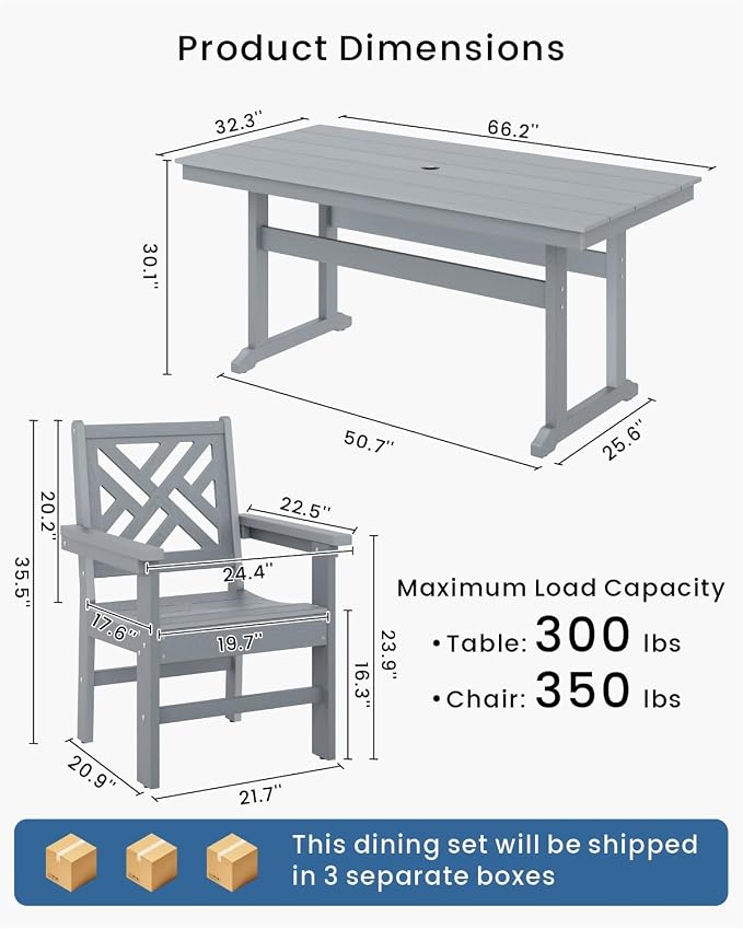 5-Piece Outdoor Dining Set, HDPE All-Weather Patio Table and Chairs Set for 4, Outdoor Patio Furniture Sets with Umbrella Hole for Outside, Deck, Backyard, Garden (Grey) - Image 2