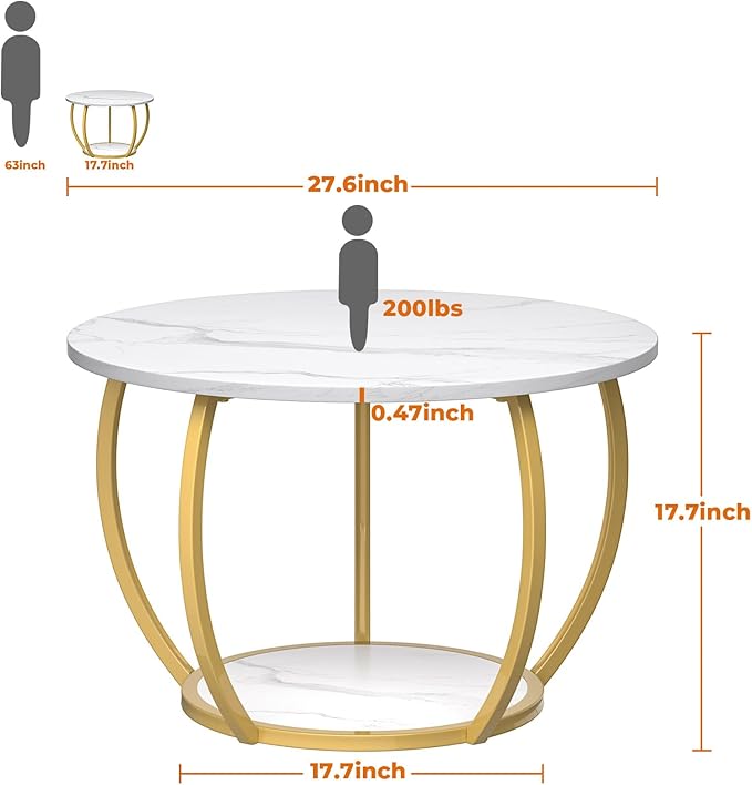 GreenForest Round Coffee Table with 2-Tier Open Storage, 27.6 inch Small Circle Coffee Tables with Adjustable Feet, Modern Mini Center Table for Small Living Room, White and Gold