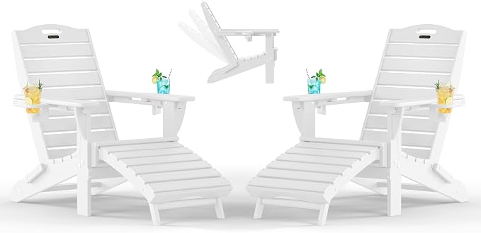 Adjustable Adirondack Chairs Set of 2 with Retractable Ottoman, HDPE Folding Adirondack Chair with Cup Holders, Weather Resistant for Backyard, Poolside & Fire Pit (White) by Suunyn