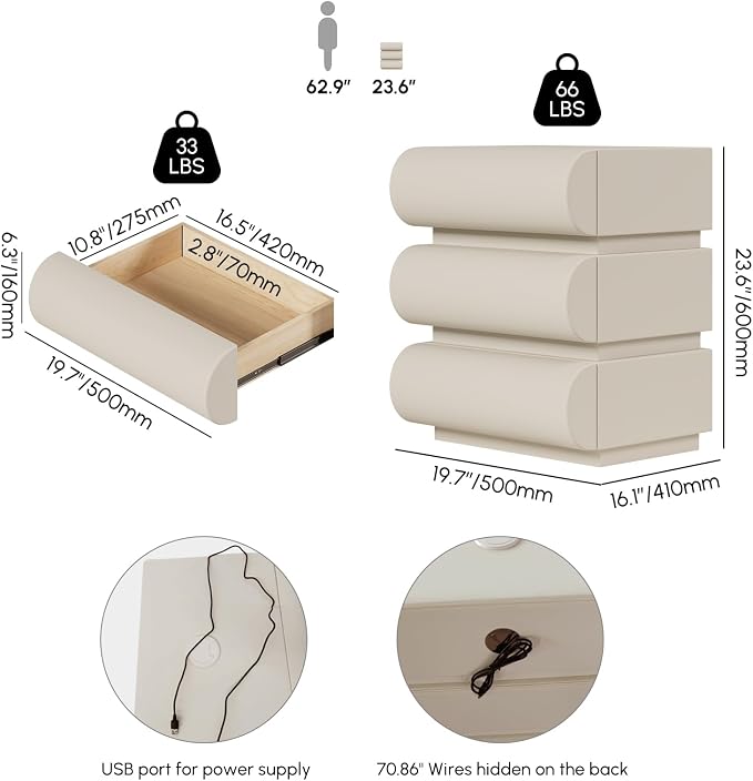 homary Smart Nightstand with Wireless Charging, USB & Type-C Ports – Modern Off White Faux Leather Nightstand with 3 Drawers, Bedside Table with Charging Station for Bedroom - Image 2