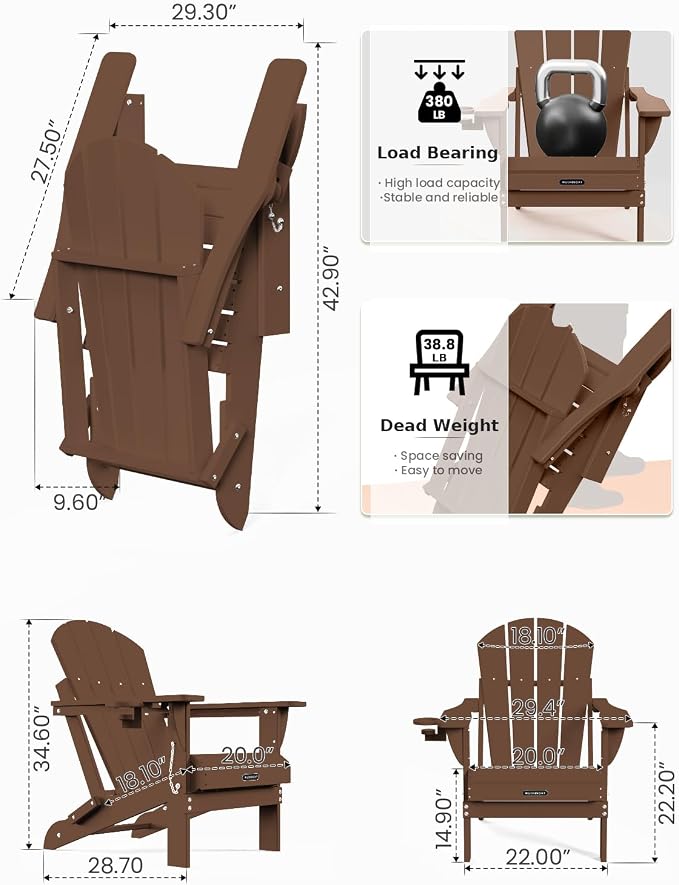 MUCHENGHY Folding Adirondack Chairs, Patio Chairs, Lawn Chairs, Outdoor Chair, Adirondack Chair Plastic, Fire Pit, Weather Resistant with Cup Holder for Deck, Backyard, Garden(Brown) - Image 3