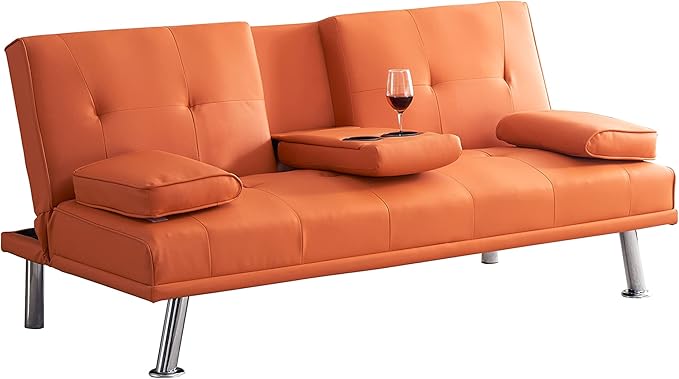 KEIKI 67" Leather Folding Futon Sofa w/Cup Holder & Adjustable Backrest, Mid Century Modern Couch Loveseat Convertible to Sleeper Bed, Comfy Cloud Couch SofaBed for Living Room & Bedroom, Orange