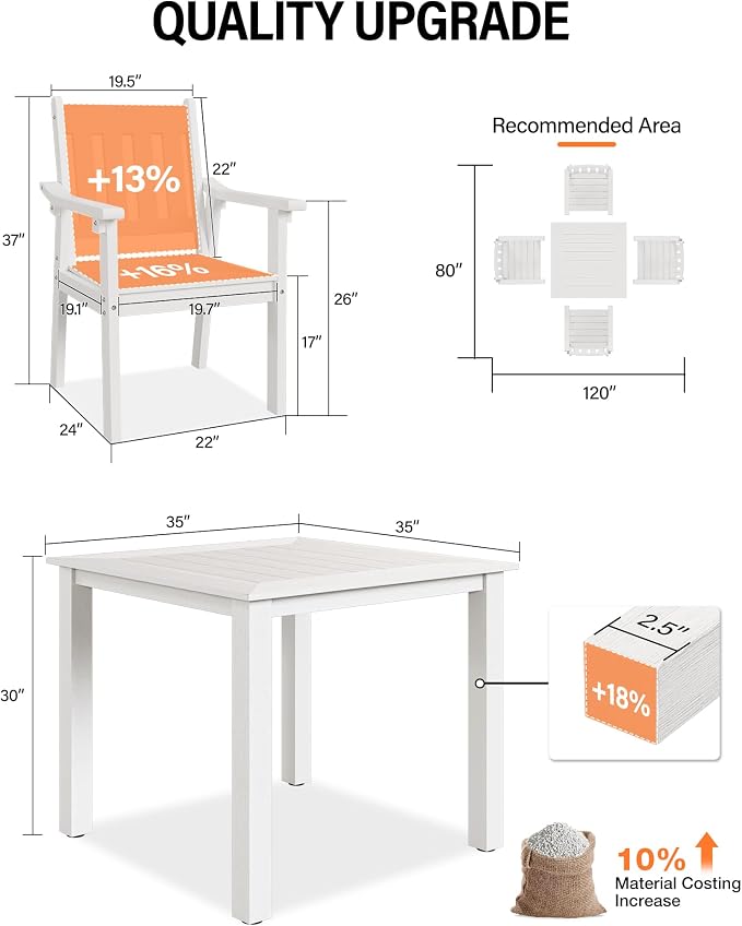 YEFU HIPS Patio Table Set: 5 Piece Outdoor Square Table and Chairs with Metal Aluminum Frame - White Modern Plastic Patio Dining Furniture Set 4 Person for Outside Deck - Image 5