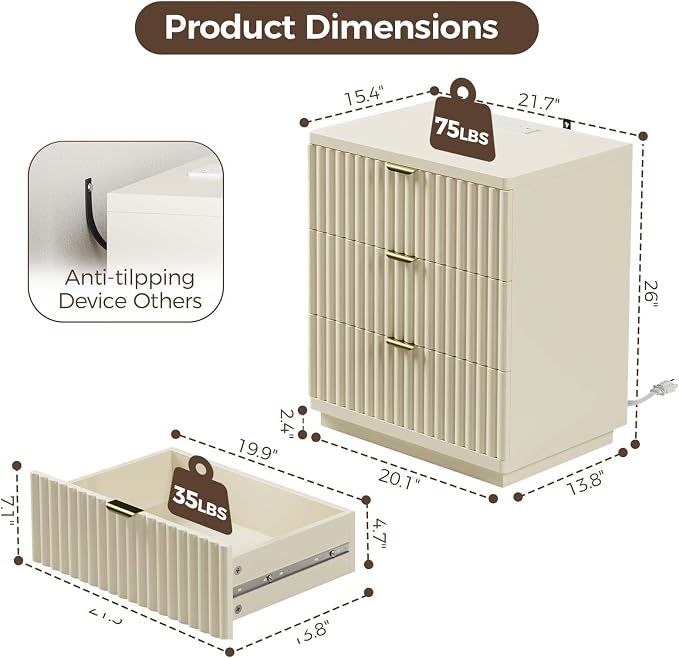 Nightstands Set of 2, Nightstand with Charging Station & 3 Drawers Storage Bedside Table Large Fluted Bed Side End Table, Modern Nightstand for Bedroom Living Room (Beige) - Image 2