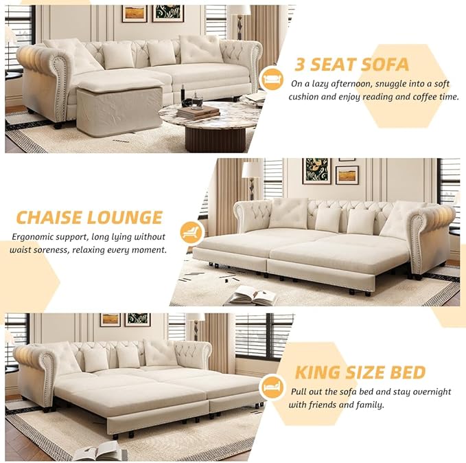 3 in 1 Oversized Chesterfield Loveseat Sofa Convertible Pull Out Sleeper Sofabed King Size Couch Bed w/Movable Ottoman and Nailhead Trim for Living Room Tufted Velvet Recliner Daybed Sofacama