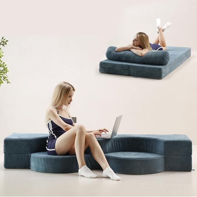 75" Folding Sofa Bed Convertible Futon, Twin Size Sleeper Couch, Washable Velvet Corduroy Cover & High-Density Foam, 2-in-1 Floor Mattress, No Assembly for Living Room/Dorm Blue