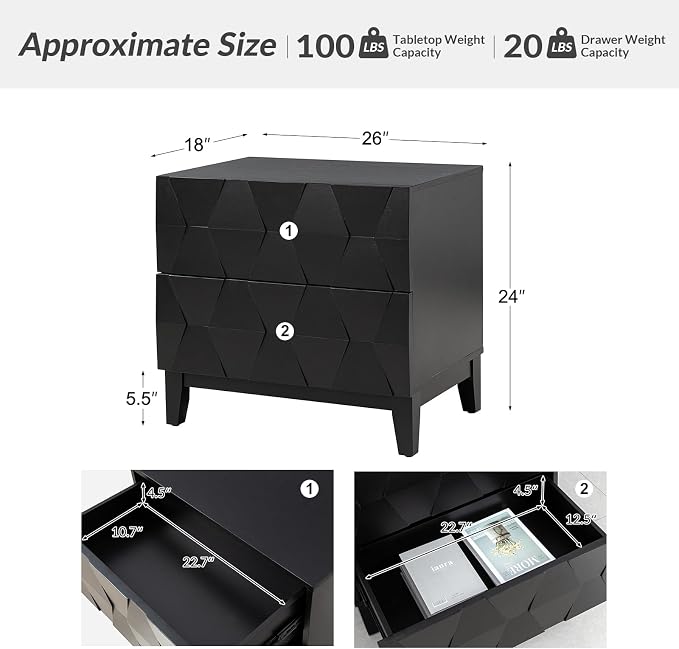 HULALA HOME Modern End Tables Set of 2 with Charging Station, 2 Drawers Side Table with Solid Wood Legs, Black - Image 2