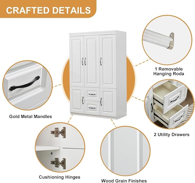 Wooden Armoire Wardrobe Closet with 3 Doors, Tall Wardrobe Closet with 2 Drawers, Armoires and Wardrobes with Hanging Rods and Shelves, Large Capacity Storage Cabinet for Bedroom White