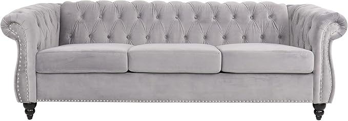 LEVNARY Three-Seat Velvet Sofa, Large Sofa Classic Tufted Chesterfield Settee Modern 3 Seater Couch Furniture with Tufted Back for Living Room, Dark Grey
