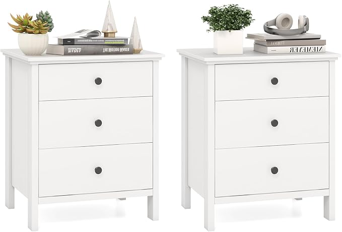 KOMFOTT 3 Drawers Nightstand Set of 2, Wooden Bedside Table, Modern Sofa Side End Table, Space-Saving Telephone Table, Chest of Drawers for Living Room, Bedroom & Office (White) by KOMFOTT
