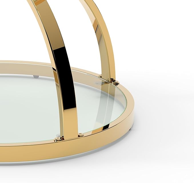 20" Tempered Glass Round Coffee Table Modern Gold Frame Dome Base Two Tiers Circle Small Living Room Center Tables