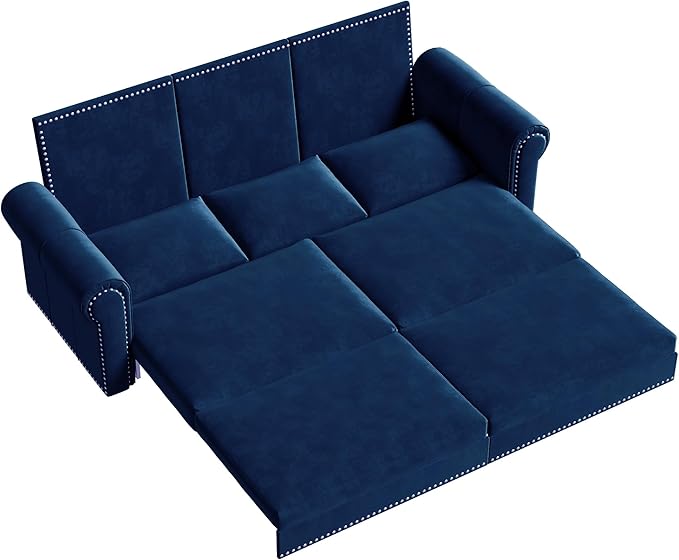 Eafurn 93.7" King Size Pull Out Sofa Bed, 3-in-1 Convertible Sleeper Sofa Couch Bed with Nailhead Decor and Rolled Arms, Velvet Oversized Chesterfield Loveseat Chaise Lounge