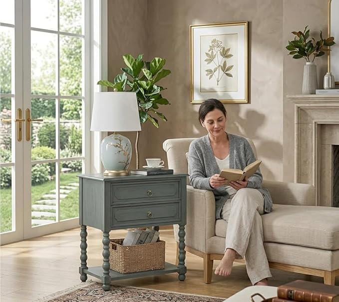 HULALA HOME Farmhouse Storage End Table with 2 Drawers and Open Shelf, Solid Wood Side Table with Spindle Legs, End Table with Charging Station (Blue) - Image 6