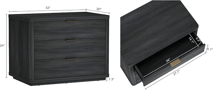 Manhattan Comfort Evelyn Nightstand with 3 Drawers, Minimalist Wood Grain Bedside Table with Rounded Corners and Raised Base, Modern End Table for Bedroom, Entryway, or Living Room in Charcoal Grey - Image 3