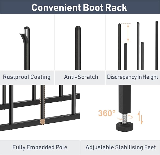 DIMJ Free Standing Shoe Racks - 4-Tier Boot Rack, Black Metal Boot Storage Organizer Tall Boots Organizer for Closet, Multiuse Shoe Rack for Boots, Sneakers,Fit for 6 Pairs Boots, Black - Image 6
