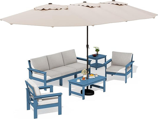 SERWALL HDPE Patio Furniture Set with 15FT Patio Umbrella, 7-piece Outdoor Sectional Sofa Set, All Weather Patio Couch Set for Deck, Blue &Beige(Umbreall Base not Included)