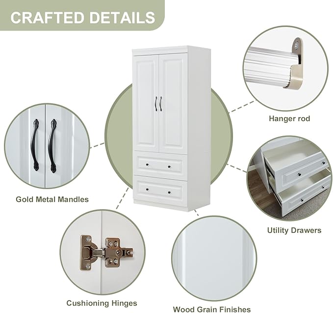 GraceGrove Armoire Wardrobe Closet with 2 Doors and 2 Drawers Tall Cabinet Closet for Large Capacity White Closet Wardrobe Cabinet with Hanging Rail for Bedroom