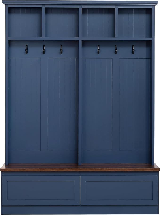 LUMISOL Farmhouse Entryway Hall Tree with Storage Bench, 4-in-1 Mudroom Shoe Cabinet with Open Compartments and 2 Large Drawers, Hallway Coat Rack with 6 Hanging Hooks, Blue - Image 7