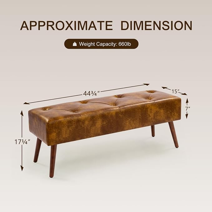 Furnimart Faux Leather Bench Ottoman, Tufted Button Bedroom Benches Footrest Stool in Solid Wood Legs, Long and Dining Bench, Indoor Bench for Entryway Living Room Bedroom (Leather-DustYellow) - Image 3