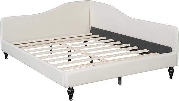 Merax Full Size Bed Frame daybed, L-Shaped Linen Daybed Corner Sofa with Solid Wood Legs for Living Room, Guest Room, No Box Spring Needed, Beige