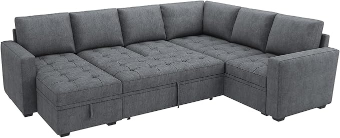 HONBAY Modular Sectional Couch with Pull Out Bed Sleeper Sofa with Storage U Shaped Modular Sectional Couches for Living Room,Warm Bluish Grey