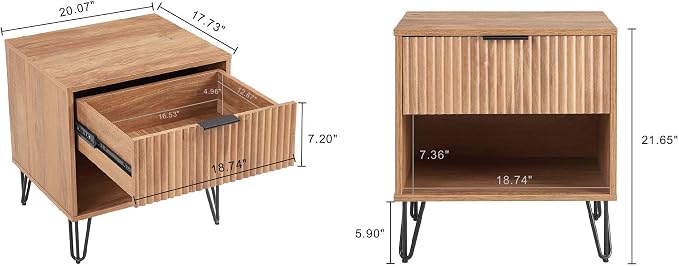 Manhattan Comfort Dumbo Modern Nightstand 1.0 with 1 Drawer and Metal Feet | Splayed Gold Legs | Vertical Ribbed Design | No Tool Assembly Storage for Bedroom & Living Room, Set of 2, Golden Brown - Image 3