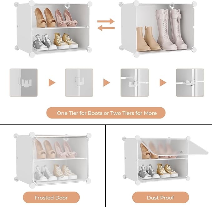 Shoe Rack 8 Tier Shoe Storage Cabinet with Door 32 Pair Tall Shoes Rack Organizer Free Standing Expandable Stable Plastic Easy Assembly Shoes Shelf for Closet Hallway Entryway Bedroom White - Image 5
